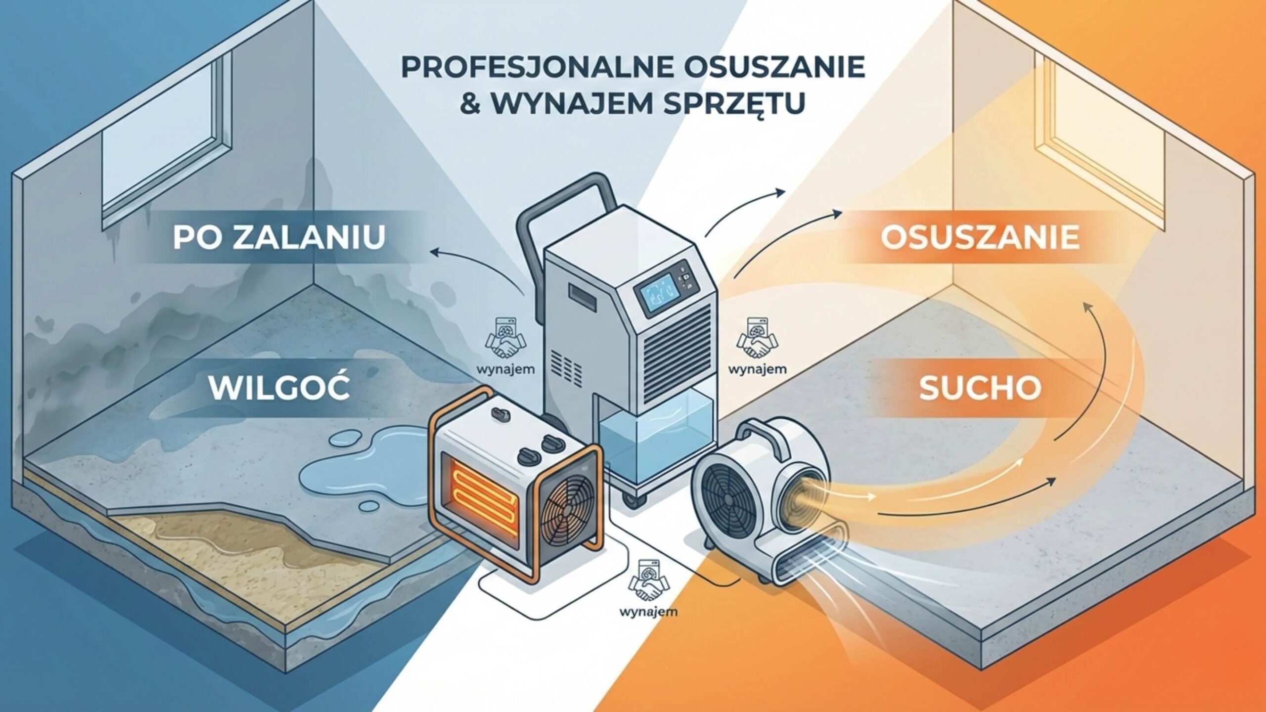 Osuszanie wilgotnego pomieszczenia po zalaniu za pomocą osuszacza, nagrzewnicy i wentylatora